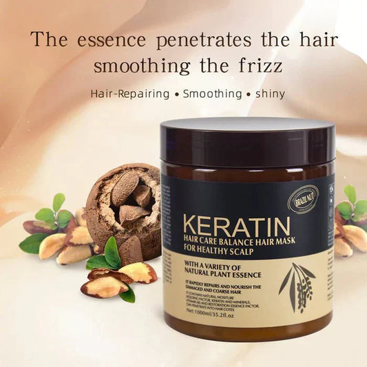 Keratin hair care mask jar displayed with natural ingredients and product information text on a beige background. Showcases nourishing hair treatment benefits for repairing damaged hair, improving smoothness, strengthening strands, and promoting healthy-looking hair.