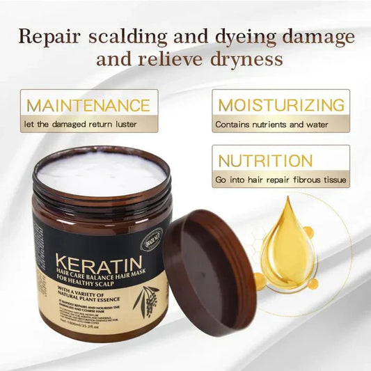 Keratin hair mask jar displayed with product details and promotional text on a clean white background. Features a nourishing hair treatment formula designed to repair damaged hair, reduce frizz, improve softness, and support healthy, smooth, and shiny hair.