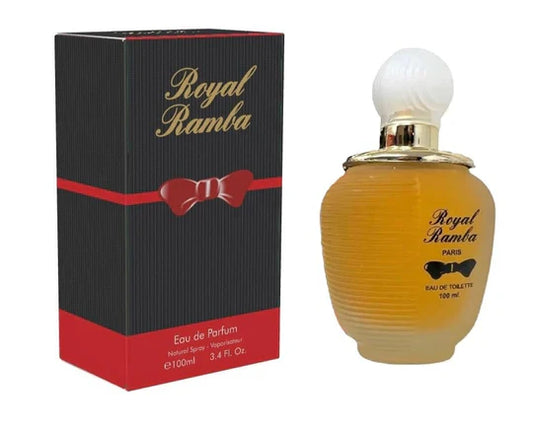 Royal Ramba perfume bottle and branded packaging displayed on a clean white background. Showcases an elegant fragrance with premium packaging, suitable for everyday wear, special occasions, and luxury perfume collections.