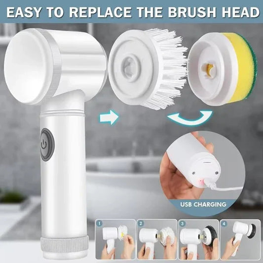 USB rechargeable cleaning device with multiple interchangeable brush heads displayed in a kitchen background. Features a versatile household cleaning tool designed for deep cleaning surfaces, removing dirt and stains, and making kitchen cleaning easier and more efficient.