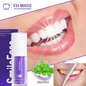 V34 mousse teeth whitening product displayed with a close-up of a mouth and fresh mint leaf. Showcases a dental whitening solution designed to improve tooth color appearance, enhance smile brightness, and provide refreshing oral care.